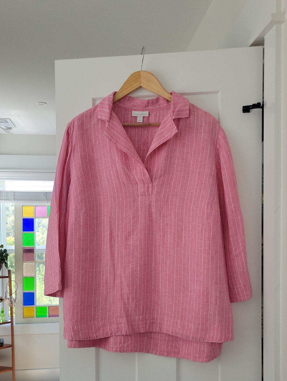 Charter Club Linen Pink Pinstripe V-Neck Tunic